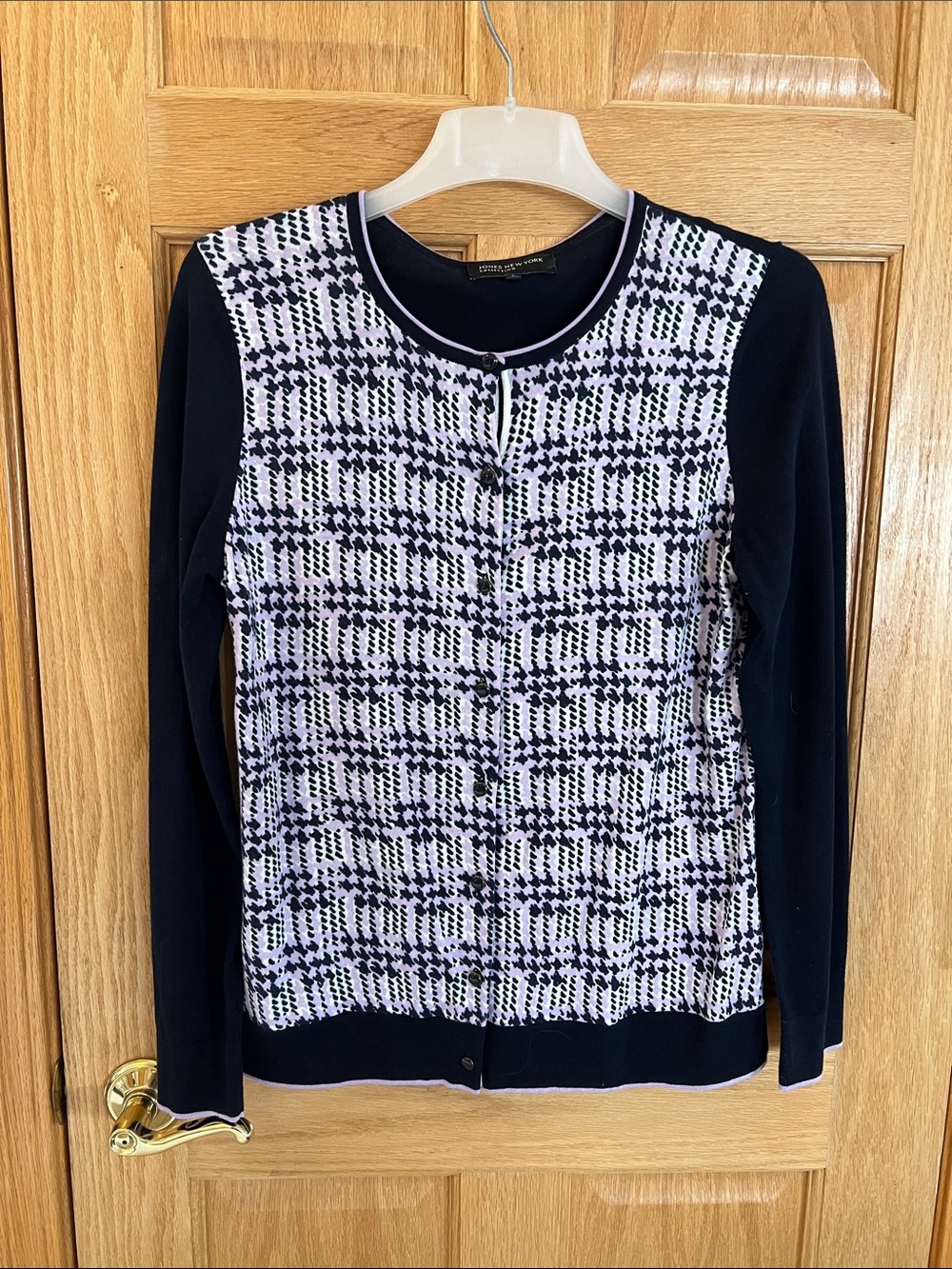 Jones New York  - Navy & White Knit Cardigan with Lilac Details